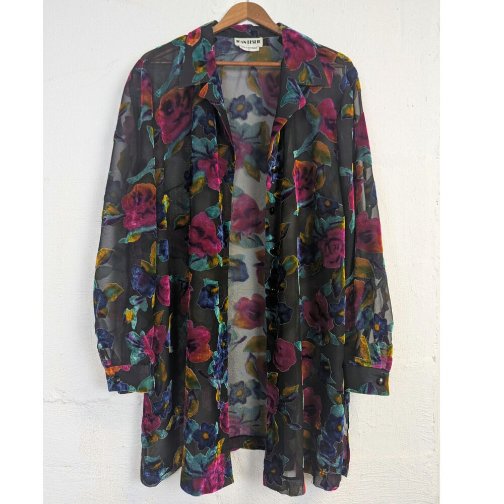 Vtg Velvet Burnout Duster Kimono Black Floral Whimsigoth Witchy Layer Womens 18